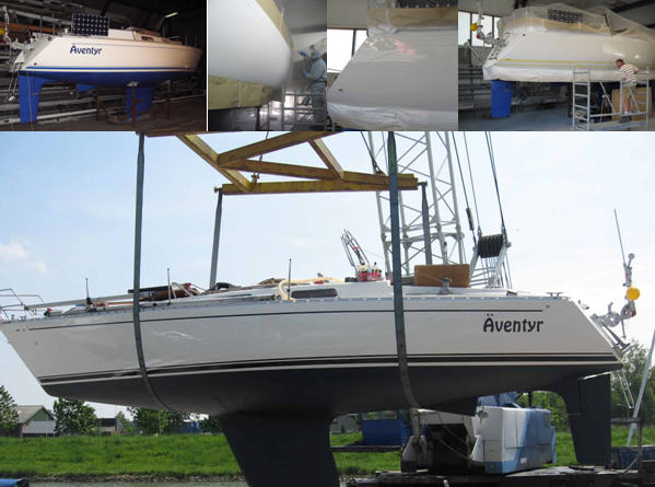 Links boven Dec 2007, Ronald tijdens het spuiten van de tweede laag,  hij glimt wel mooi, Ronald begint met het afplakken voor de biezen. 24 Mei we gaan eindelijk weer in het water